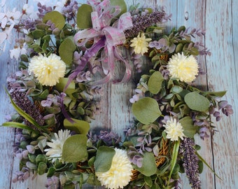 Round Eucalyptus, Hyacinth & Dahlia Artificial Wreath. Heart Eucalyptus Wreath to hang on Front Door, Lovely Spring/Summer Décor.