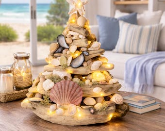 Shell & Driftwood Tree with Starfish Topper. Table or Wedding Centrepiece, With Lights