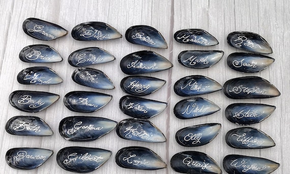 Calligraphy Mussel Shell Place Cards: Beach Wedding Favors