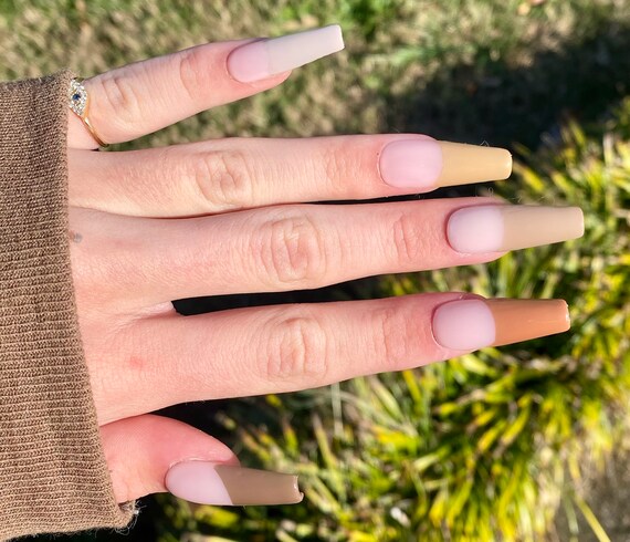 Brown French Tip Gel Press On Nails Etsy