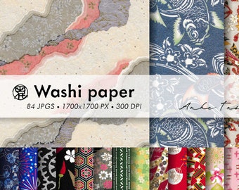 Puede incluir: Una colección de 84 diseños de papel digital con patrones japoneses. Los diseños incluyen motivos florales, geométricos y animales en una variedad de colores. El texto "Washi paper" y "Anko Tashiro" es visible en la imagen.