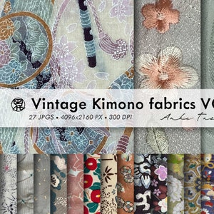Puede incluir: Una colección de 27 imágenes digitales con diseños de telas de kimono vintage. Las telas presentan una variedad de patrones, incluyendo diseños florales, geométricos y abstractos. Las imágenes son de alta resolución y perfectas para usar en scrapbooking digital, manualidades y otros proyectos creativos.