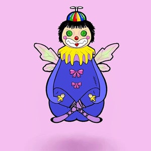 May include: A blue fairy doll with wings, wearing a yellow and white clown costume with a pink bow and a multi-colored hat with a propeller.