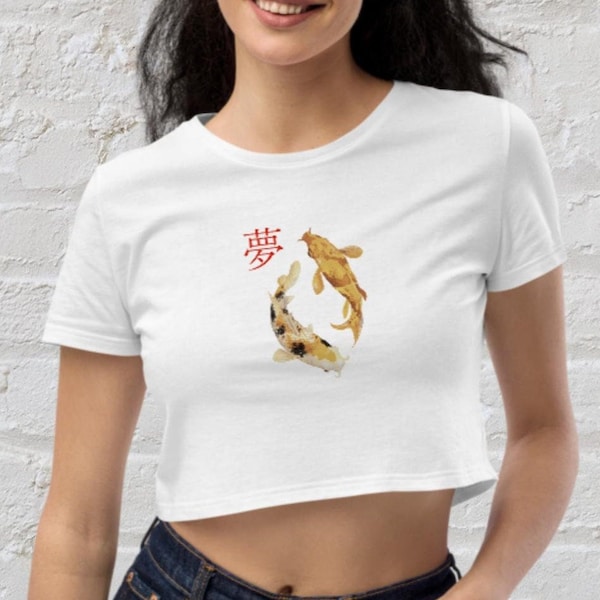 Koi Fish Calligraphie Japonaise Crop Top Gyotaku Traditionnel Ukiyo-e Japon Kanji Anime Manga Kyoto Kawaii Femmes Hommes Imprimé Gilet Cami Tee