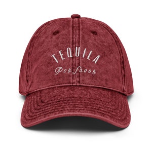 Tequila Por Favor Vintage Baseball Cap Embroidered Washed Denim Dad Hat Maroon