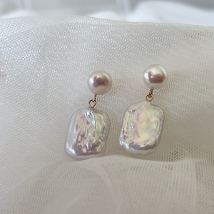 Iridescent White Baroque Pearl Earrings with Beautiful High Luster/rectangle pearl earrings/freshwater pearl earring