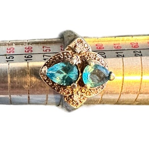 Twin Pear Cut Blue Topaz Sterling Silver Size 8.5 Ring Decorated with Chocolate color accent stones