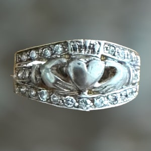 Sterling Silver Claddagh Ring Framed with Cubic Zirconia Size 7 Traditional Irish Style with some Bling