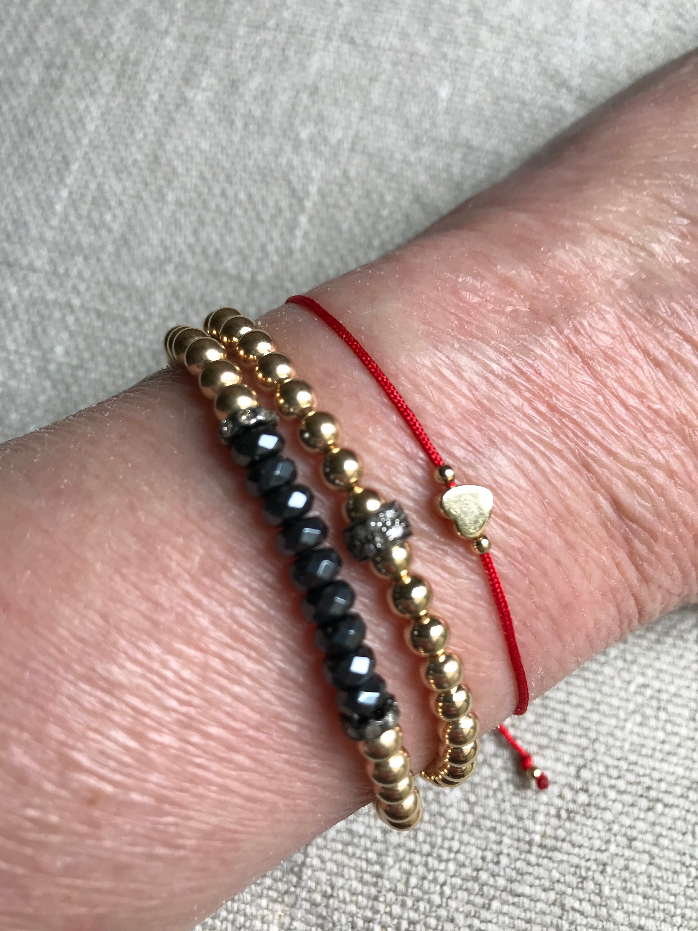 Red String Heart Bracelet, Red Bracelet, Gold Heart Bracelet, Red