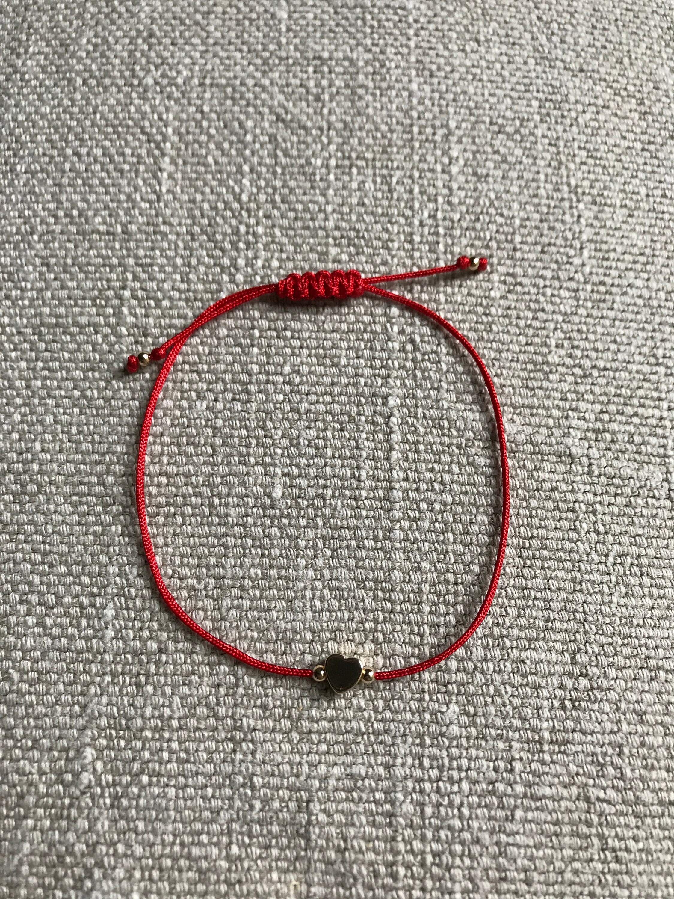 Red String Heart Bracelet, Red Bracelet, Gold Heart Bracelet, Red