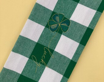 Lucky Shamrock Clover Embroidered Cotton Kitchen Tea Towel, Emerald Green and White Buffalo Plaid Check, Saint Patrick's Day Decor, Lucky