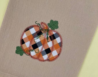 Applique Embroidered Pumpkin Beige Cotton Flour Sack Towel,  Halloween Home Living and Kitchen Decor, Orange Black White Plaid Print Fabric