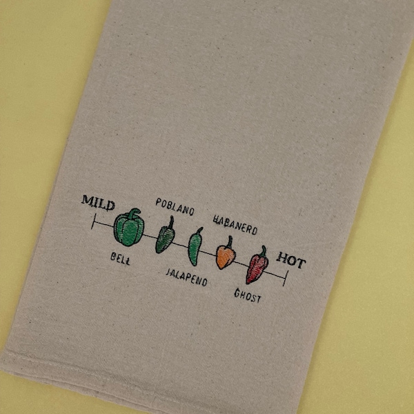 Mild to Hot Pepper Scale Embroidered Natural Cotton Flour Sack Towel, Mexican Chili Peppers, Eco Friendly Kitchen Decor, Pepper Lover Gifts