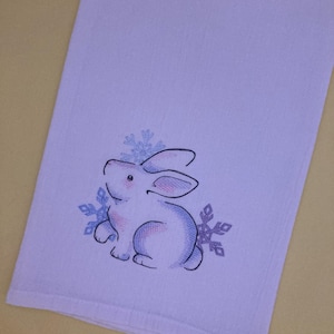Snowflake Bunny Rabbit Embroidered Cotton Flour Sack Towel, Winter Kitchen Decor, Pastel Pink Purple Blue, Bunny Silhouette, Bunny Mom Gift