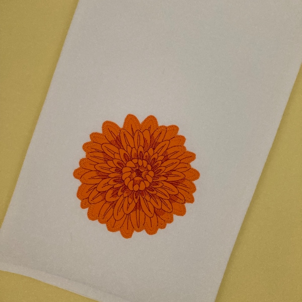 Bright Orange Rust Chrysanthemum Applique Embroidered Cotton Flour Sack Tea Towel, Mum Flower Head, Autumn Harvest Decor, Fall Hostess Gifts