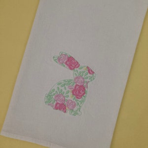 Blossom Bunny Botanical Embroidered Cotton Flour Sack Towel, Pink Rose Flowers, Floral Easter Rabbit, Spring Kitchen Decor, Bunny Lover Gift