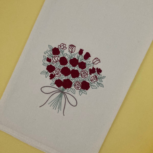 Mother's Day Rose Bouquet Embroidered Cotton Flour Sack Tea Towel, Dark Red Roses Tied with Ribbon, Gifts for Her, Mother's Day Flower Gifts