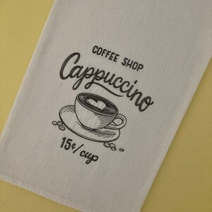 Cappuccino Vintage Style Sign Embroidered Cotton Flour Sack Towel, Farmhouse Kitchen Decor, Coffee Lover Gifts, Coffee Shop Barista Decor