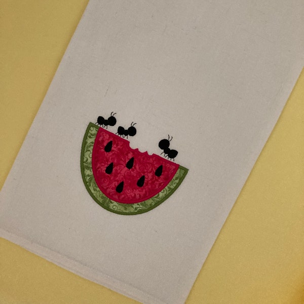 Watermelon Slice with Ants Applique Embroidered Flour Sack Cotton Tea Towel, Summer Kitchen Decor, Pool Party Hostess Gift, Eco Friendly