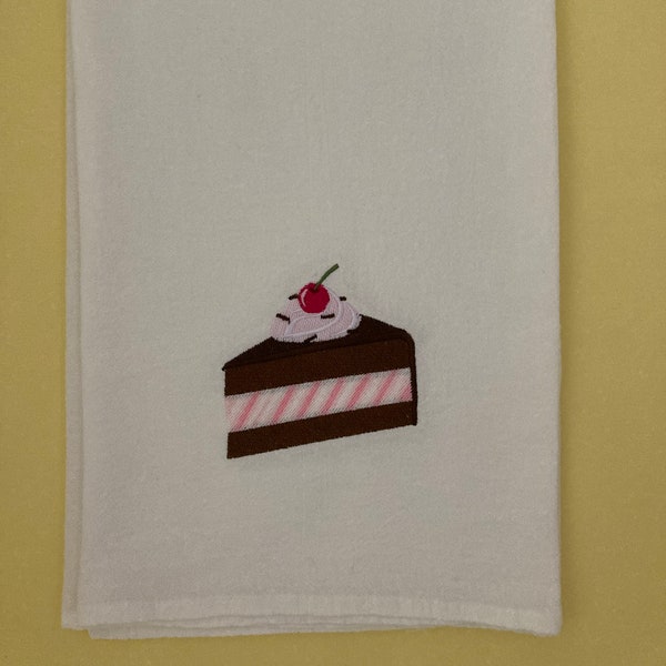 Black Forest Cake Embroidered Cotton Flour Sack Towel, Cake Slice with Cherry on Top, Gift for Baker, Birthday Gift, Kitchen Bakery Decor