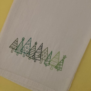 Twinkling Trees Winter Forest Embroidered Cotton Flour Sack Towel, Evergreen Trees Kitchen Tea Towel, Host Hostess Gift, Holiday Party Decor