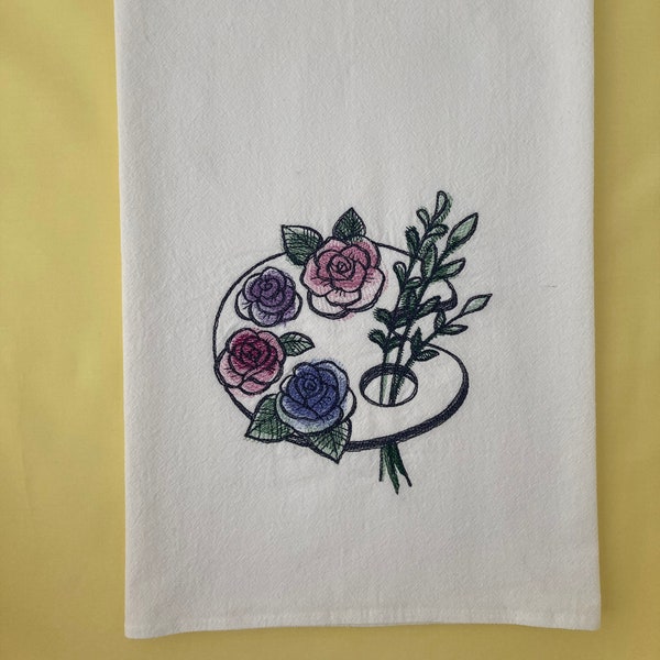 Artsy Fartsy Blooming Paint Palette Embroidered Cotton Floursack Tea Towel,Garden Artist Collection Series,Custom Personalized Color Options