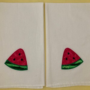 Juicy Watermelon Slices Set Applique Embroidered Cotton Flour Sack Towels, Summer Picnic Pool Party Decor, Eco Friendly, Hostess Gift Towels