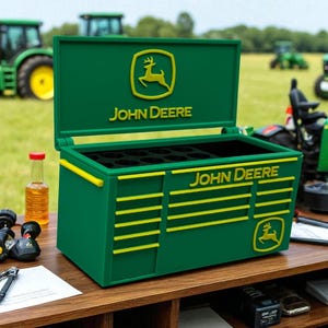 May include: Green toolbox with yellow accents and the John Deere logo. The toolbox is open, revealing compartments inside. The John Deere logo is also on the side of the toolbox. Tractors are visible in the background.