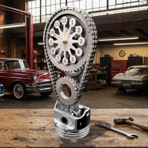 Engraved Chevy Big Block V8 Clock, Rotating Timing Chain Gear, Personalized Custom Car Show Trophy, Camaro Nova Muscle Car Man Cave Decor