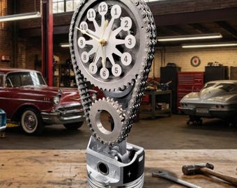 Engraved Chevy Big Block V8 Clock, Rotating Timing Chain Gear, Personalized Custom Car Show Trophy, Camaro Nova Muscle Car Man Cave Decor