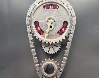 Engraved Ford Big Block Gear Wall or Desk Clock: Personalized Motorized Automotive Timepiece, Mustang, 460 V8 Muscle Car Man Cave Decor