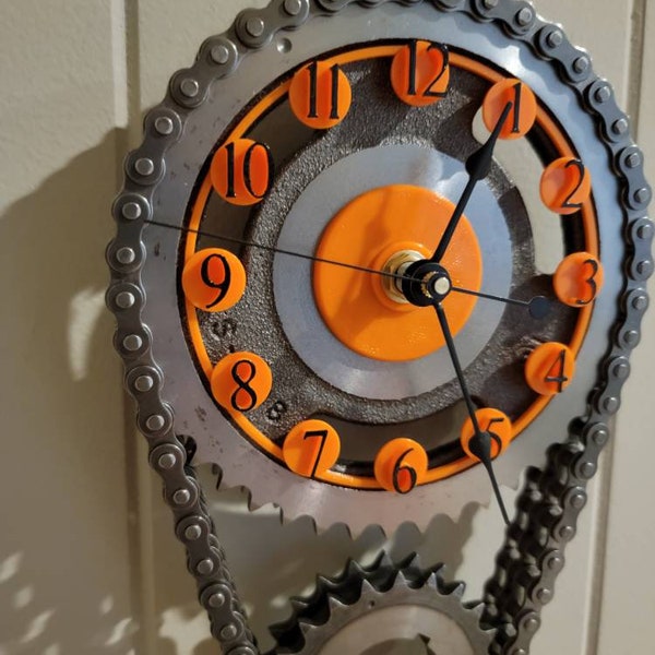 Orange Timing Set Gear Wall Clock, made with Chevy small block timing set