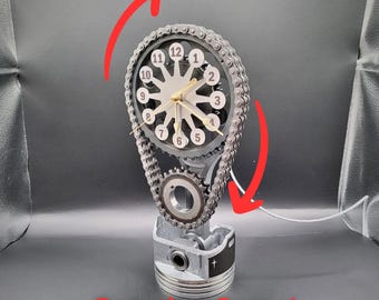 Chevy V8 Rotating Gear Clock: Stainless Steel Timing Chain Art, Camaro Corvette Nova Muscle Car Decor, Classic Automotive Man Cave Mechanic