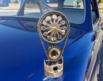 Chevy V8 Gear Clock: Stainless Steel Rotating Timing Chain Art, Camaro Corvette Nova Muscle Car Decor, 454 Classic Automotive Man Cave