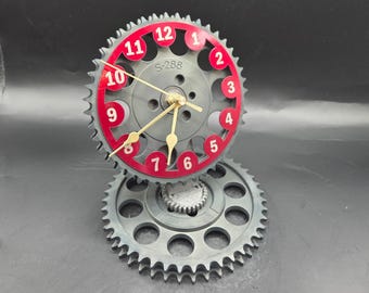 Chevy Timing Gear Clock, Small Automotive Desk Clock,  Upcycled Car Part Decor, Mechanic Gift, Garage & Man Cave Clock - 6x5 Inch