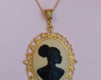 Victorian Statement Necklace with African Silhouette Cameo; Gold Toned Cottagecore Necklace; Free Shipping with Matching Cameo Ring