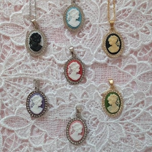 Silhouette Cameo Pendant Necklaces in Gold or Silver Tone Setting with Tiny Rhinestones; Several Colors Available