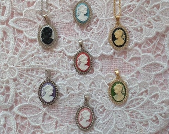 Silhouette Cameo Pendant Necklaces in Gold or Silver Tone Setting with Tiny Rhinestones; Several Colors Available
