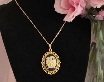 Whimsigoth Cameo Necklace in Antique Gold Setting; Skull with Roses Cameo Pendant Necklace with Gold Plated Adjustable Steel Chain