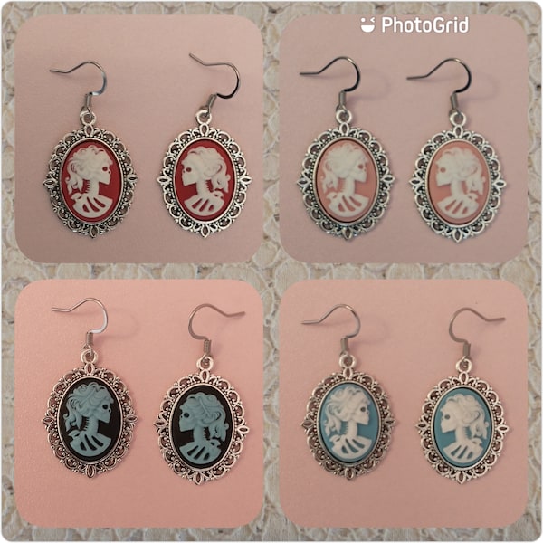 Skeleton Cameo Earrings in Antique Silver Settings; Whimsigoth Earrings; Limited Supplies; Lolita Cameo Dangle Earrings