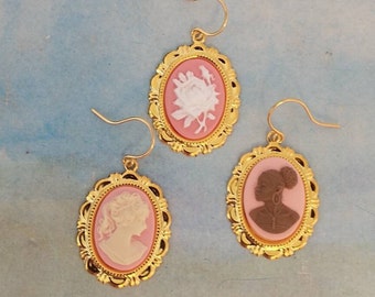 Pink Cottage Core Earrings with African or White Silhouette or Floral Cameos in Yellow Gold; Victorian Style Cameo Dangle Earrings in Pink