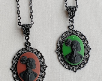 Victorian Cameo Necklace in Black Brass with African or White Silhouette Cameos; Coquette Pendant Necklaces in a Variety of Colours