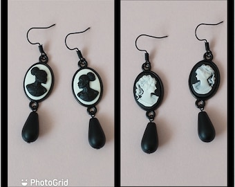 Boho Chic Earrings in Black and White; Cameo Dangle Earrings with African or White Silhouette Cameos; Dark Academia Teardrop Bead Earrings