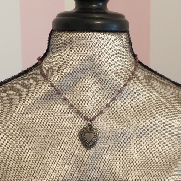 Boho Chic Locket Necklace in Antique Silver with Rosary Chain; Engraved Heart Locket with Mauve Beaded Chain; 90's Grunge Locket