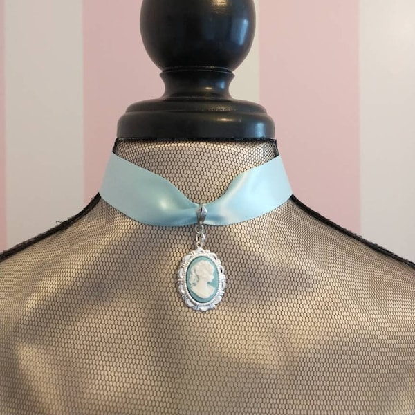 Satin Cameo Choker with Silver Plated Setting; Wedgewood Blue Ribbon Choker with Silhouette Cameo; African & White Silhouette Cameo Chokers