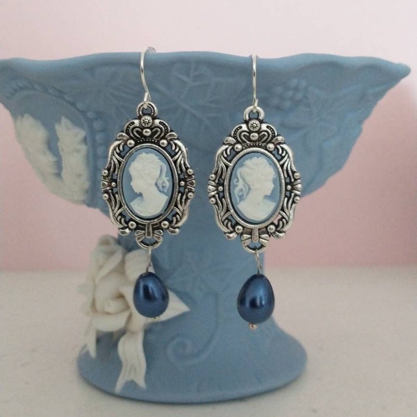 Wedgewood Blue Cameo Earrings in Antique, Tibetan Silver Settings; Silhouette Cameo Earrings in Black and Wedgewood Blue with Teardrop Beads