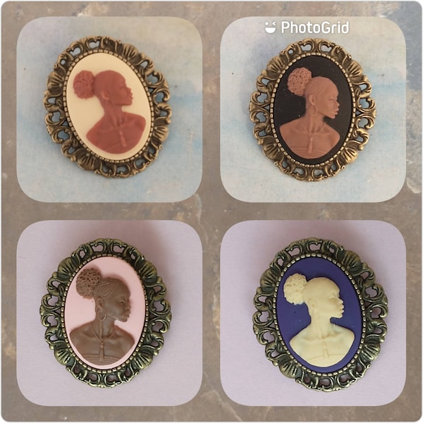 Boho Chic Broach Pins with African Silhouette Cameos in a Variety of Colors; Antique Brass Cameo Brooches with Necklace Option