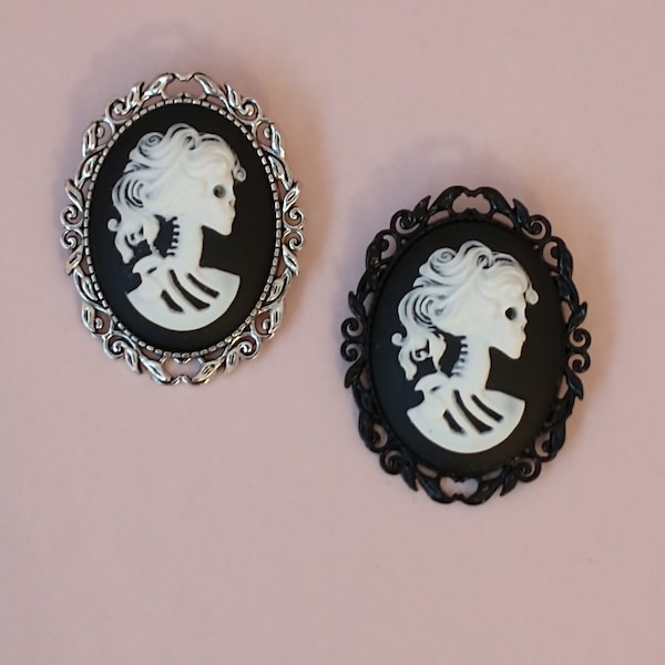 Skull Cameo Broaches in Black and White; Skeleton Brooch Pins in Black Brass or Antique Silver Settings; Whimsigoth Statement Jewelry