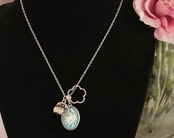 Boho Chic Necklace with Blue Floral Cameo, Old Fashioned Telephone, & Daisy Silhouette on a Stainless Steel Chain