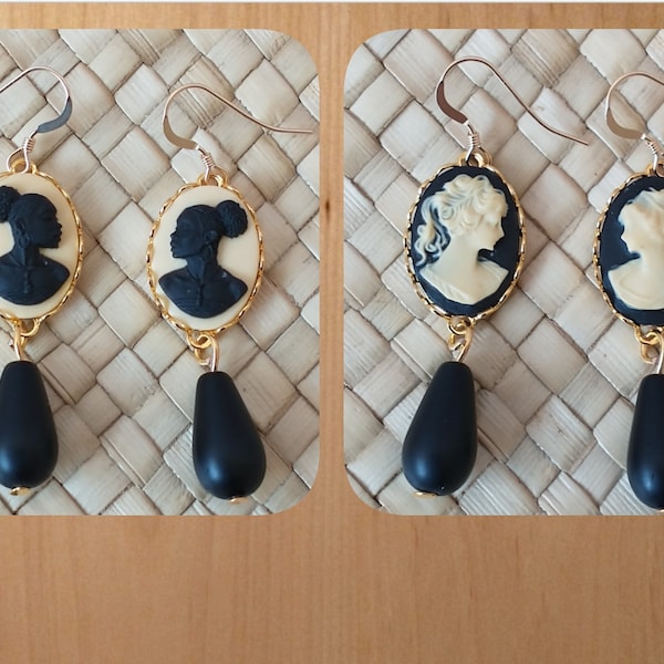 Cottage Chic Dangle Earrings with African or White Silhouette Cameos and Black Teardrop Beads; Gold Plated Black & Ivory Cameo Earrings